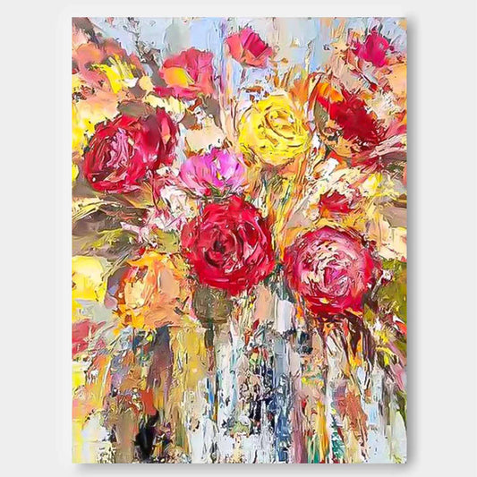 Vibrant Floral Oil Painting with Roses and Bright Colors for Home Decor