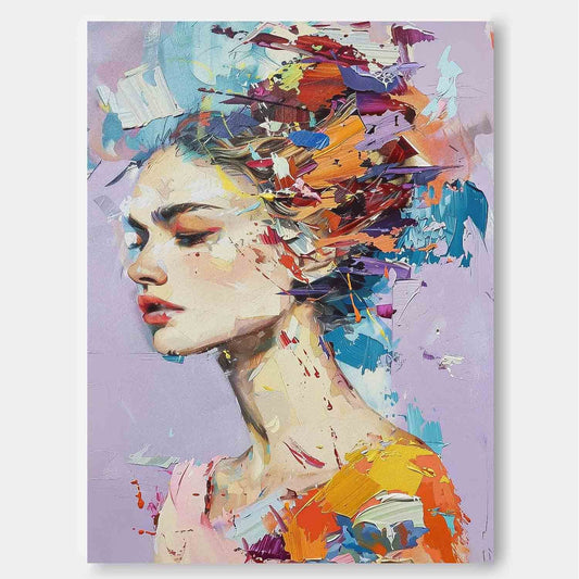 Vibrant Abstract Portrait Oil Painting of a Woman's Serene Expression