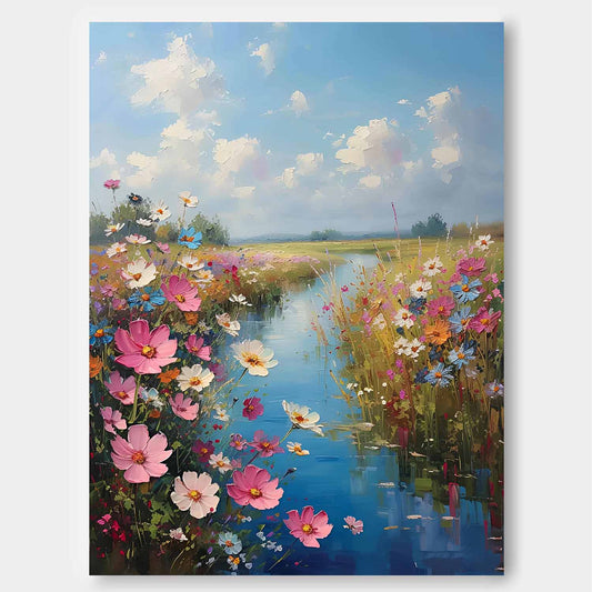 Vibrant Floral Landscape Oil Painting with Serene River and Blue Sky Art