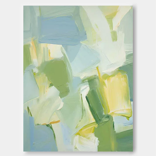 Vibrant Abstract Oil Painting in Soft Blue and Green Tones for Modern Home Decor