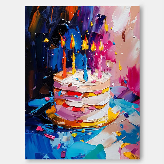 Vibrant Celebration Cake with Candles - Colorful Abstract Oil Painting