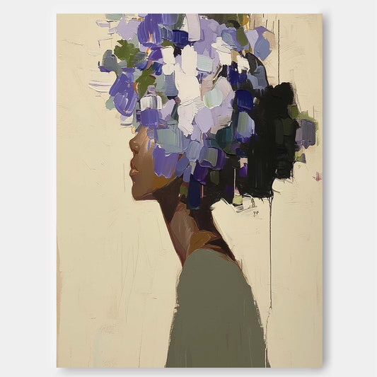 Elegant Woman Silhouette with Vibrant Floral Hair - Contemporary Oil Painting