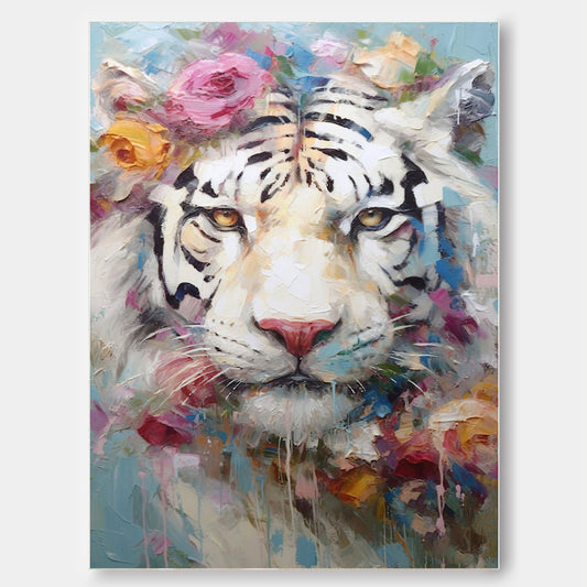 Majestic White Tiger Oil Painting with Floral Accents - Stunning Canvas Artwork for Home Decor