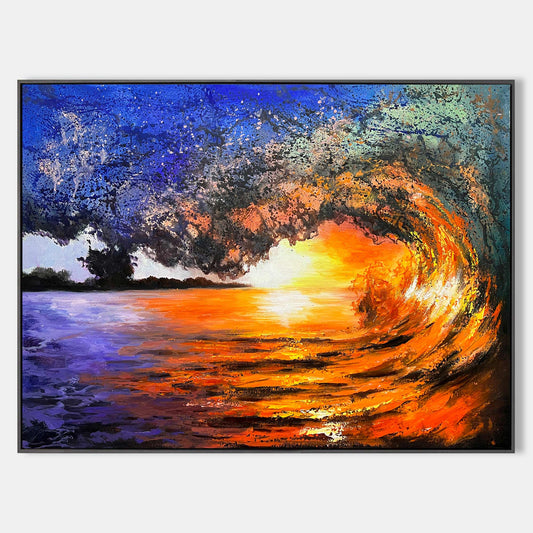 Vibrant Sunset Wave Landscape Oil Painting for Home Decor and Beach Lovers