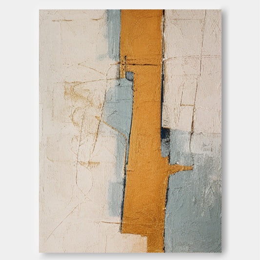 Contemporary Abstract Oil Painting with Warm Gold and Cool Blue Tones