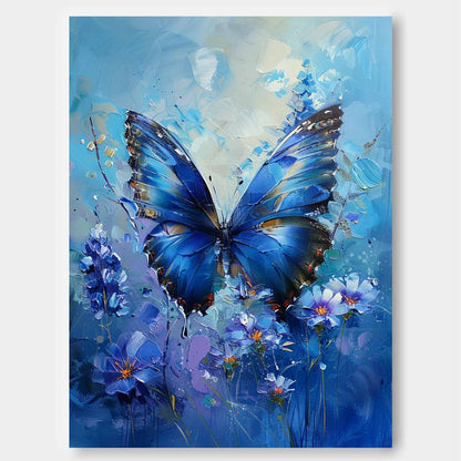 Vibrant Blue Butterfly Oil Painting on Canvas with Floral Accents
