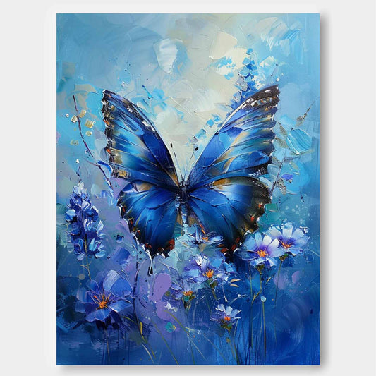 Vibrant Blue Butterfly Oil Painting on Canvas with Floral Accents