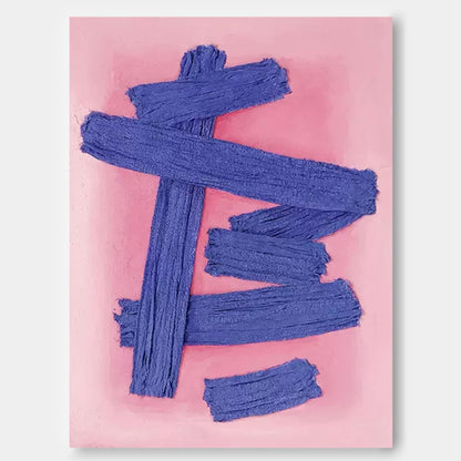 Vibrant Abstract Oil Painting with Blue Stripes on Pink Canvas