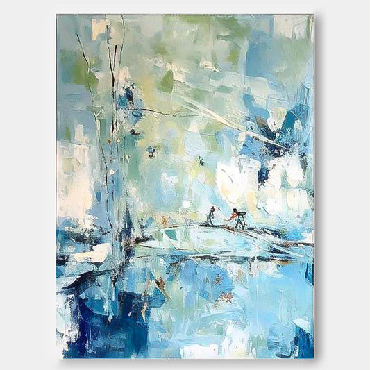 Serene Abstract Oil Painting of Two Figures on Water – Perfect for Modern Home Decor