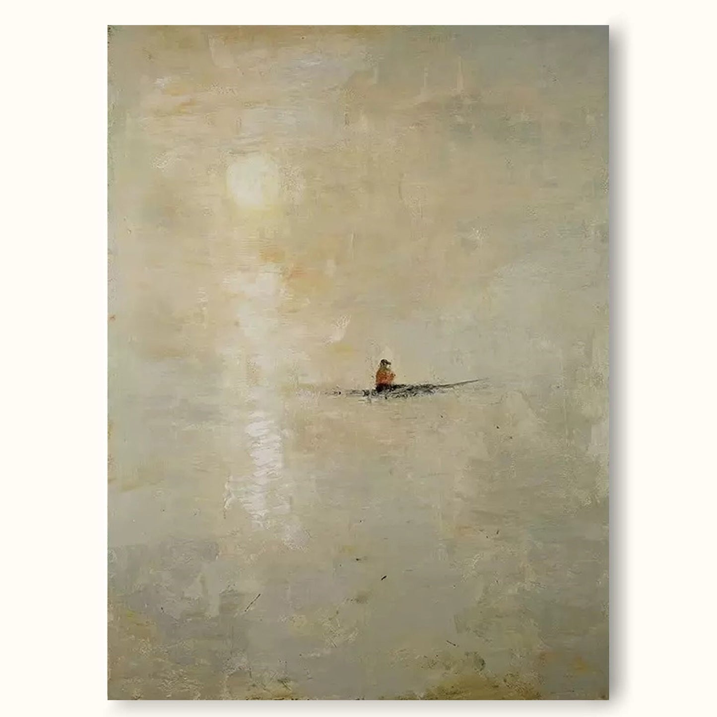 Serene Minimalist Landscape with a Rowboat – Tranquil Oil Painting for Home Décor