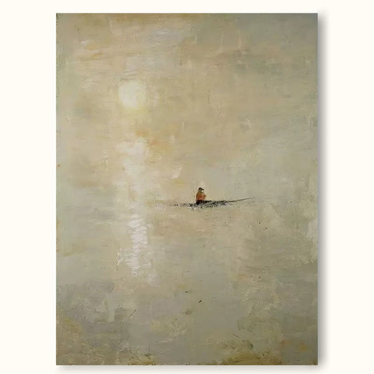 Serene Minimalist Landscape with a Rowboat – Tranquil Oil Painting for Home Décor