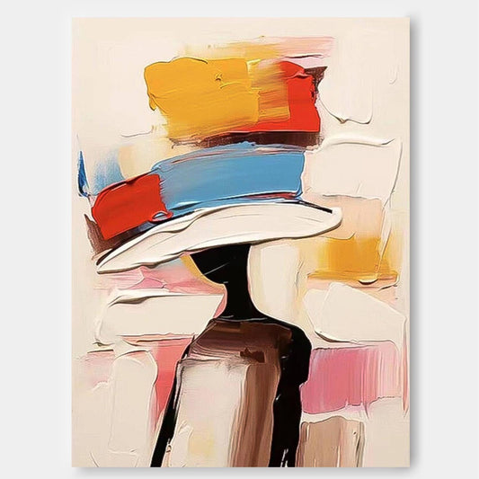 Vibrant Abstract Oil Painting of Stylish Figure with Bold Hat