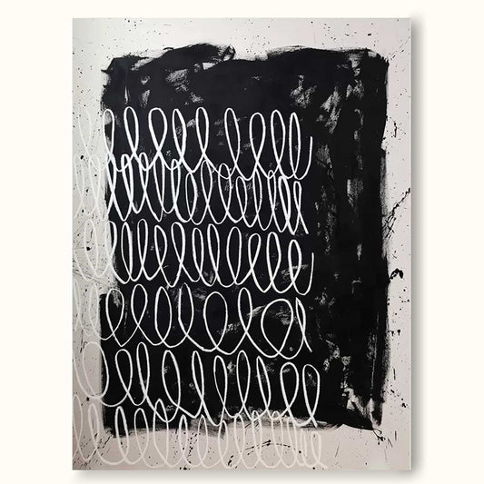 Contemporary Minimalist Black and White Line Art Oil Painting for Modern Decor