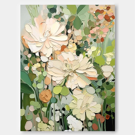 Vibrant Floral Oil Painting with Lush Pastel Blooms and Greenery