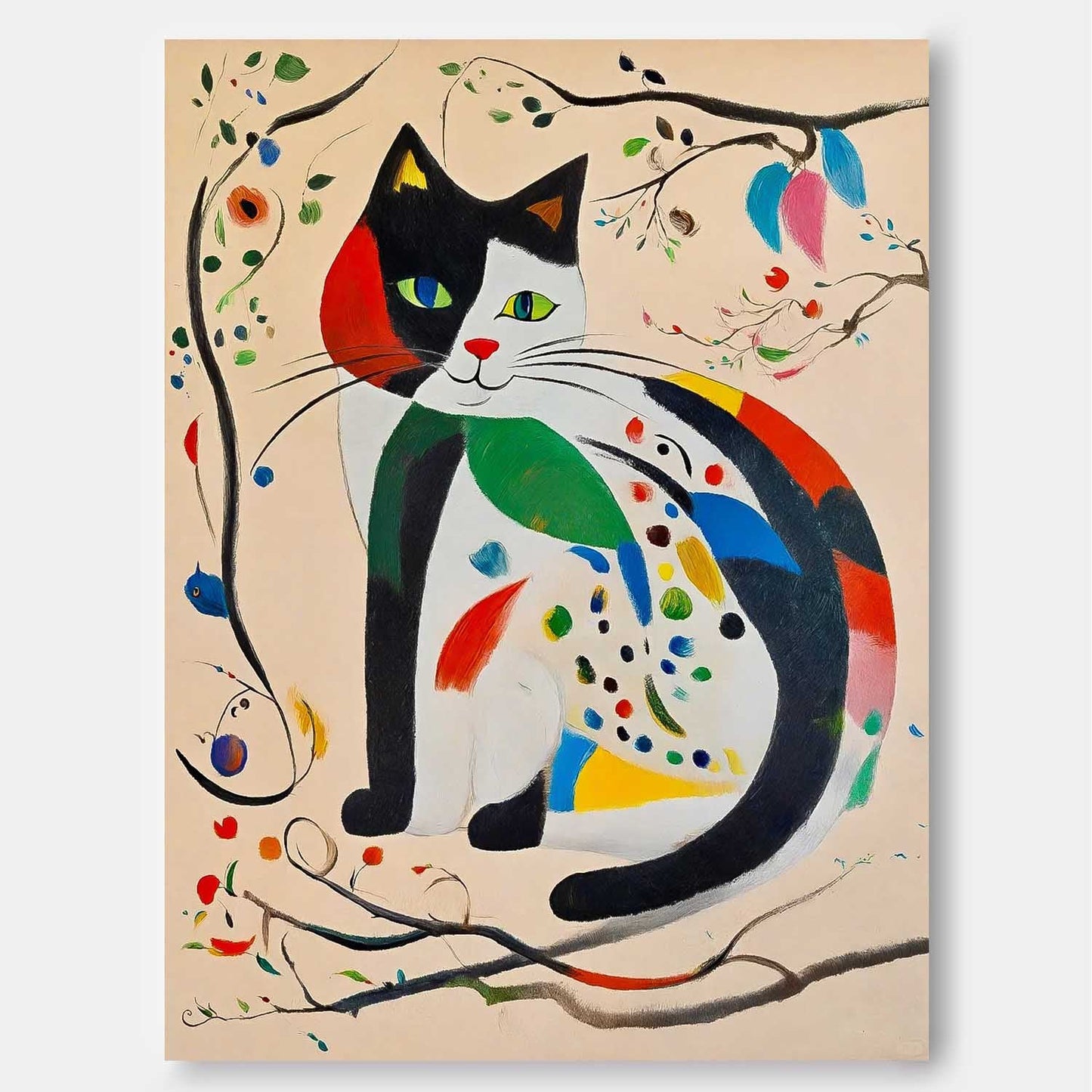 Whimsical Cat Oil Painting with Colorful Abstract Floral Accents