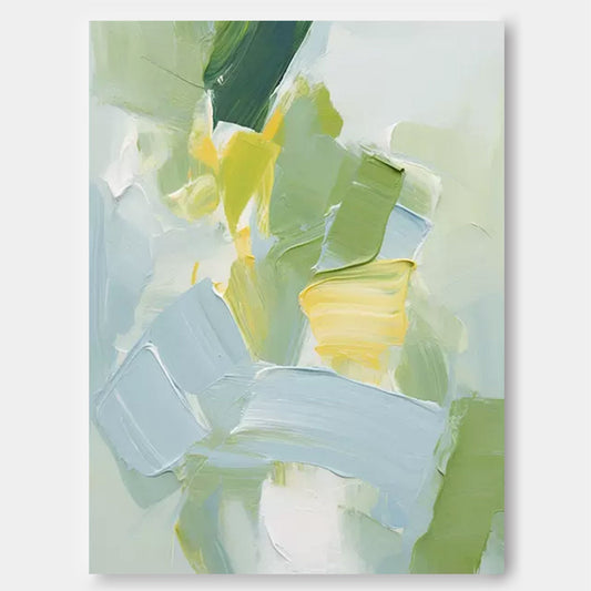 Serene Abstract Oil Painting in Soft Greens and Yellows for Modern Home Décor