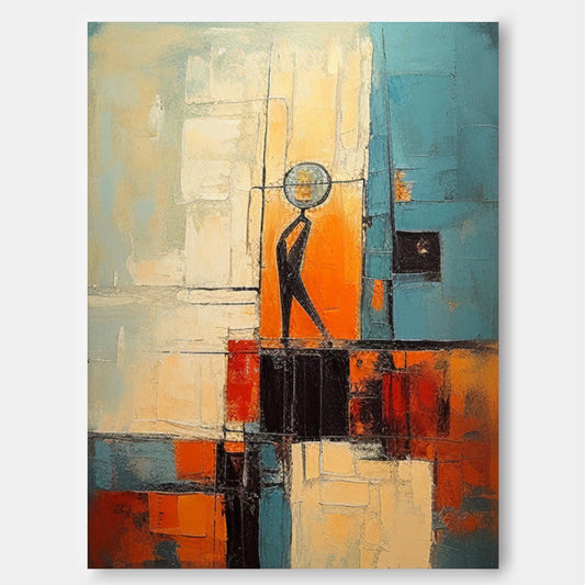 Vibrant Abstract Oil Painting with Figure and Geometric Shapes for Modern Decor