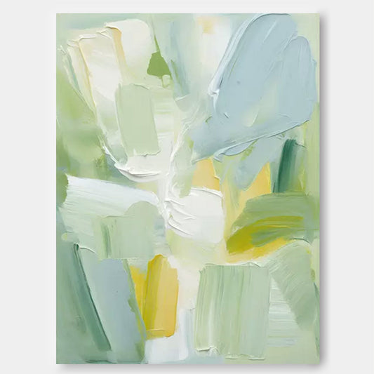 Serene Abstract Oil Painting in Soft Greens and Yellows for Modern Home Decor