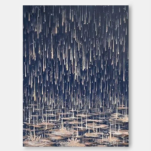Modern Abstract Oil Painting with Water Lilies and Dark Melancholic Rain