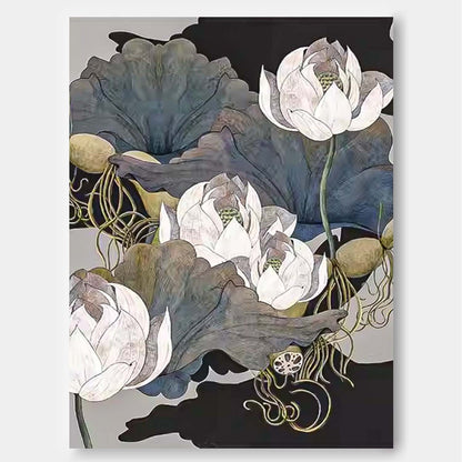 Elegant Flower Oil Painting - Serene Lotus Floral Wall Art for Home Decor