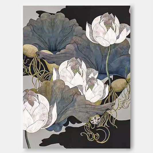 Elegant Flower Oil Painting - Serene Lotus Floral Wall Art for Home Decor