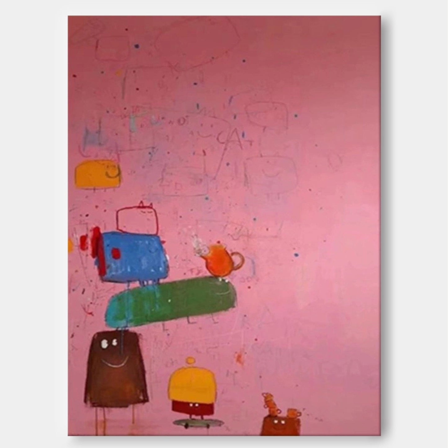 Whimsical Abstract Oil Painting with Colorful Characters on Pink Background