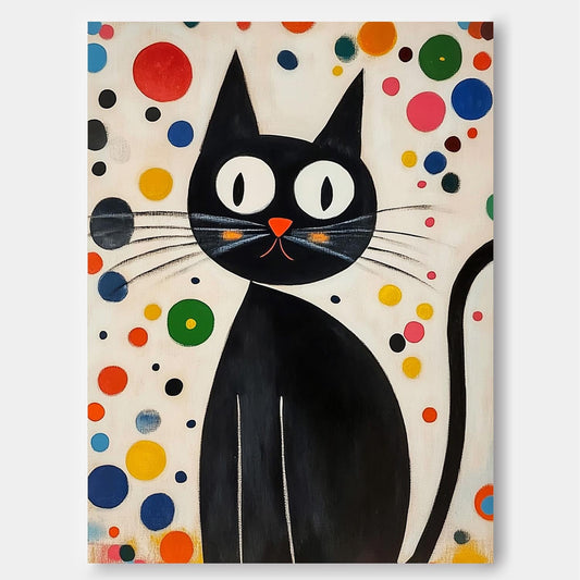 Whimsical Black Cat Oil Painting with Colorful Abstract Background