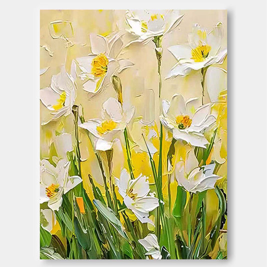 Bright White Floral Oil Painting for Home Decor and Art Collectors