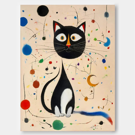 Charming Black Cat Oil Painting with Colorful Abstract Surroundings