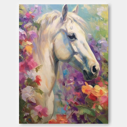 Majestic White Horse Oil Painting Surrounded by Vibrant Floral Beauty