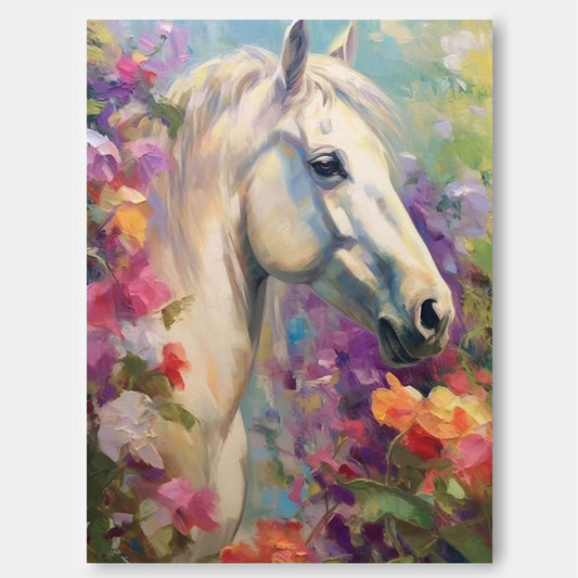 Majestic White Horse Oil Painting Surrounded by Vibrant Floral Beauty