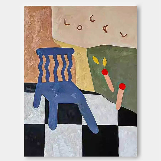 Colorful Abstract Oil Painting of a Chair with Geometric Elements for Modern Decor