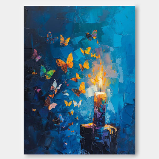 Colorful Butterflies and Candlelight Abstract Oil Painting
