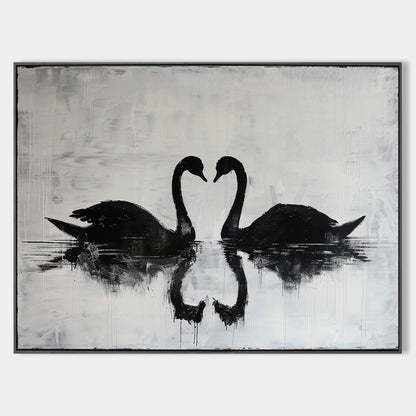 Elegant Black Swans Reflecting on Serene Water - Modern Abstract Oil Painting
