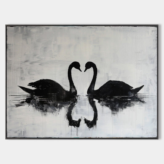 Elegant Black Swans Reflecting on Serene Water - Modern Abstract Oil Painting