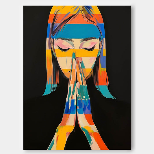 Vibrant Abstract Oil Painting of a Meditative Woman in Colorful Expression