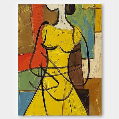 Vibrant Woman in Yellow Dress Abstract Oil Painting for Contemporary Decor