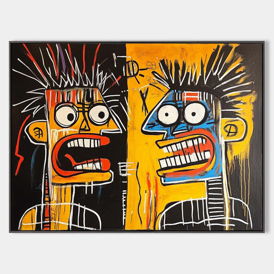 Vibrant Modern Abstract Duo Faces Oil Painting for Contemporary Home Decor