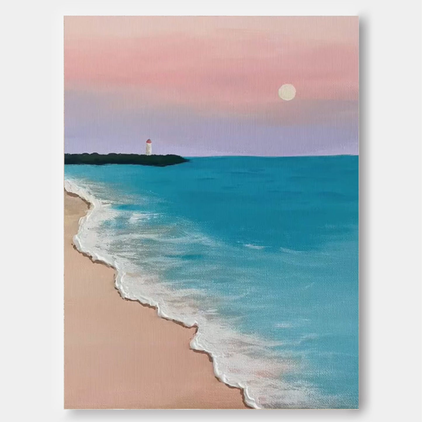 Serene Beach Sunset Oil Painting - Tranquil Ocean Waves and Lighthouse Art