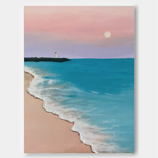 Serene Beach Sunset Oil Painting - Tranquil Ocean Waves and Lighthouse Art