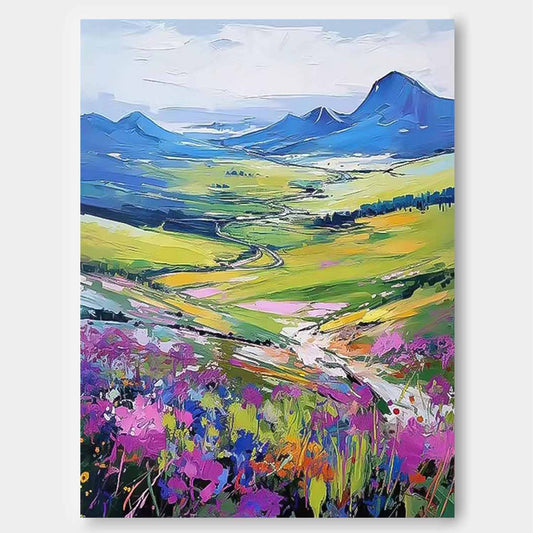 Vibrant Landscape Oil Painting with Colorful Flowers and Scenic Hillside View