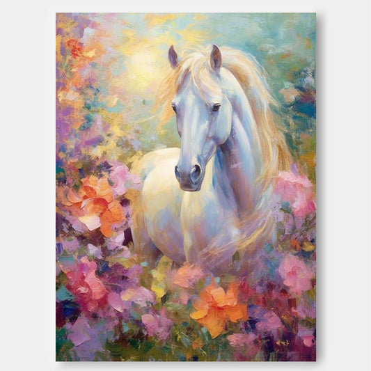 Majestic White Horse Oil Painting in Vibrant Floral Background