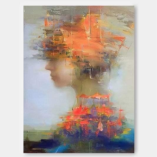 Abstract Oil Painting of a Woman with Vibrant Colors and Expressions