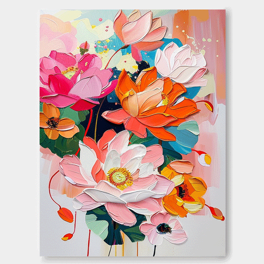 Vibrant Floral Oil Painting - Colorful Canvas Art for Home Decor and Wall Aesthetics