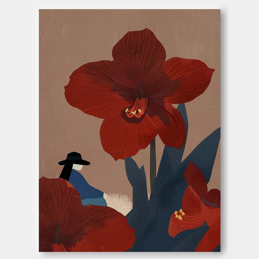 Elegant Red Flower Woman Oil Painting for Modern Home Decor