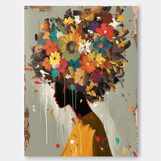 Vibrant Floral Woman Silhouette Oil Painting for Home Decor