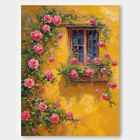Vibrant Floral Window with Pink Roses and Yellow Wall Oil Painting