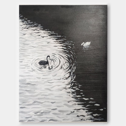 Elegant Swans on Water Black and White Oil Painting Canvas Art