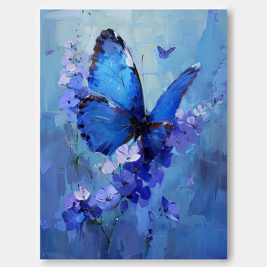 Stunning Blue Butterfly Oil Painting with Floral Accents for Elegant Home Decor