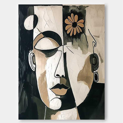 Abstract Faces Oil Painting with Flower Accent for Modern Home Decor